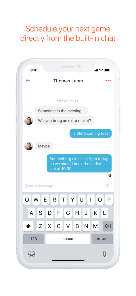Screenshot of GotCourts app showing the built-in chat interface for scheduling tennis matches between players