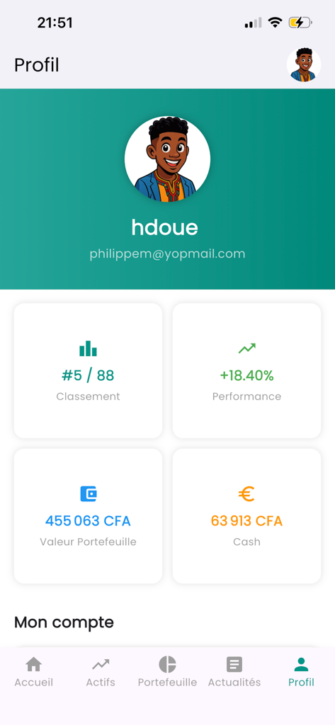 PlayInvest.HD - PlayInvest HD app profile screen displaying user ranking, portfolio performance, and cash balance in CFA.