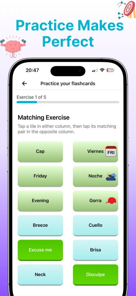 Interfaccia dell'app Rico che mostra un esercizio di abbinamento tra parole di vocabolario inglese e spagnolo.