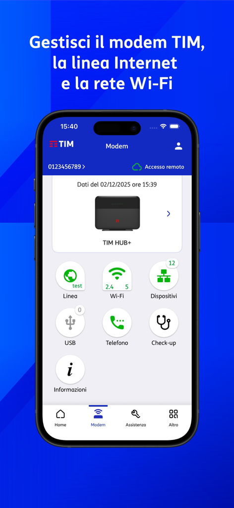 TIM HUB plus 모뎀에 대한 원격 네트워크 관리 옵션을 보여주는 스마트폰의 TIM 모뎀 앱 대시보드