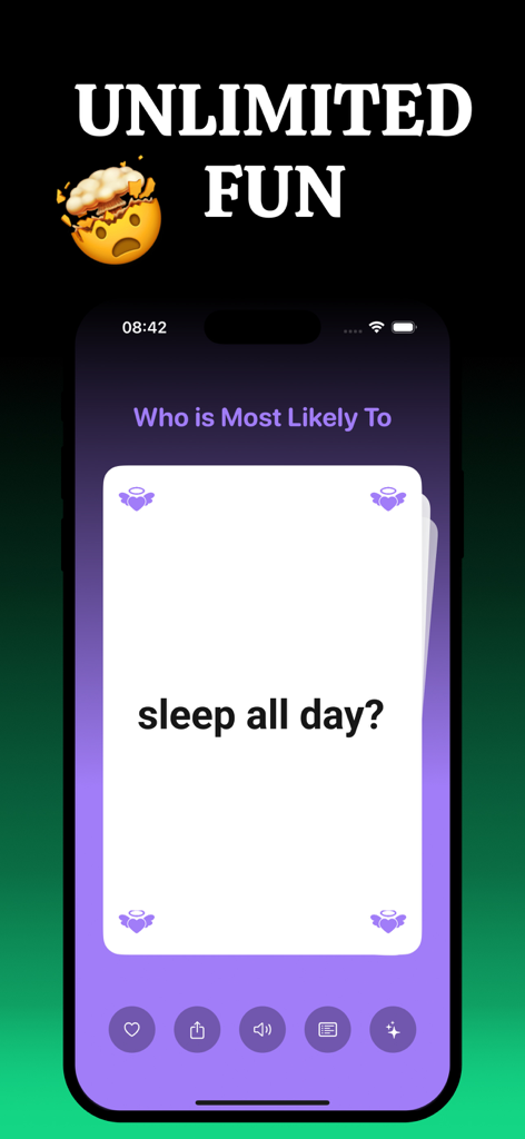 Most Likely To | Question Game - パーティーゲームアプリのインターフェースに、「一日中寝ている可能性が最も高いのは誰？」という質問のカードが表示されている。