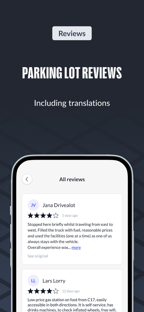 A mobile interface showing user ratings and translated reviews for truck parking locations within the LKW.APP.