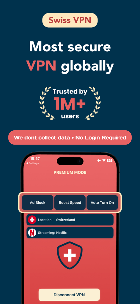 Swiss VPN Free : Fast & Secure - Swiss VPN app interface showing premium security features and secure connection to Switzerland