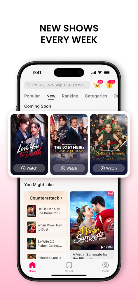 DramaBox Lite - Mini Drama TV - DramaBox Lite app interface featuring new weekly shows and drama categories