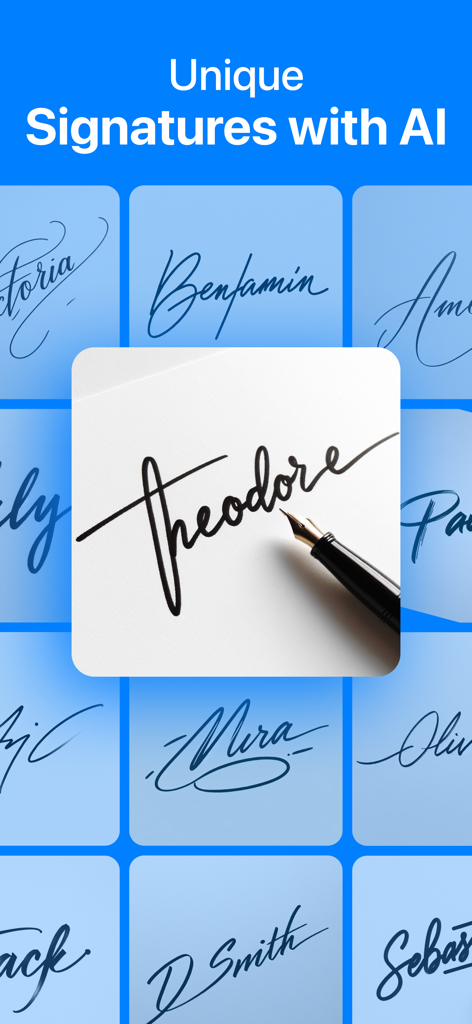 AI Signature Maker - AIによって生成された、プロフェッショナルでエレガントな手書き署名スタイルの多様なバリエーションを示すモバイルアプリのインターフェース。