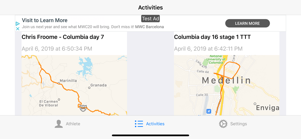 Screenshot of the ReRun app showing a list of synced Strava activities with route map previews for cycling
