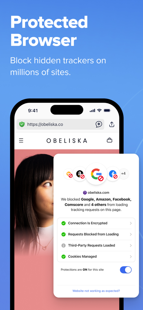 스마트폰 화면에 DuckDuckGo 브라우저가 웹사이트에서 숨겨진 추적기를 차단하고 쿠키를 관리하여 개인 정보 보호를 강화하는 모습이 표시됩니다.