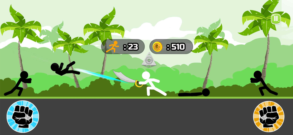 Stickman Fighter Epic Battle 2 - A white stickman character fighting black enemy stickmen with a large sword in a jungle level.