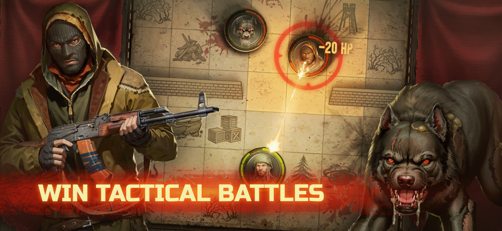 Day R Premium: Survival RPG - A survivor with an assault rifle facing off against a wolf in a tactical combat map interface.