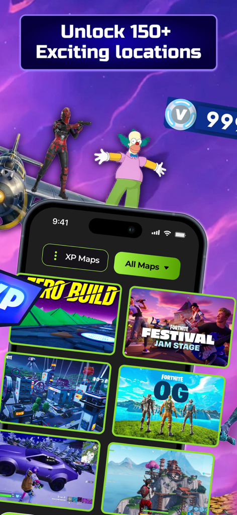 FTN Zone Fortnite Royale Stats - Interface de l'application affichant une sélection de cartes XP Fortnite et de modes de jeu saisonniers.