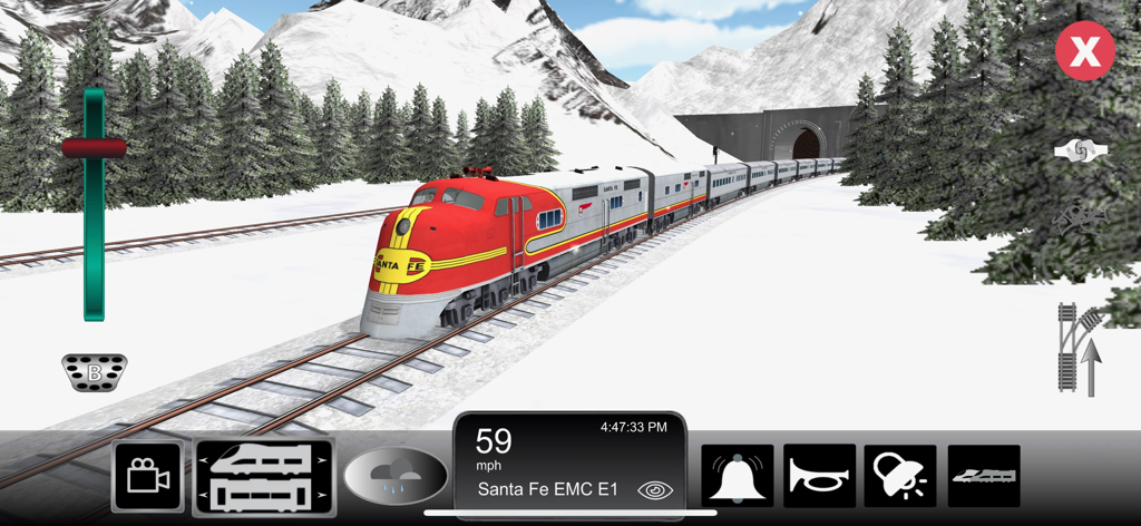 Train Sim Pro - Santa Fe EMC E1 locomotive driving through a snowy mountain environment in Train Sim Pro.