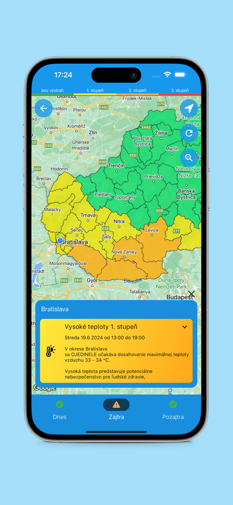 Aladin weather app showing temperature warnings and alerts on a map of Slovakia.