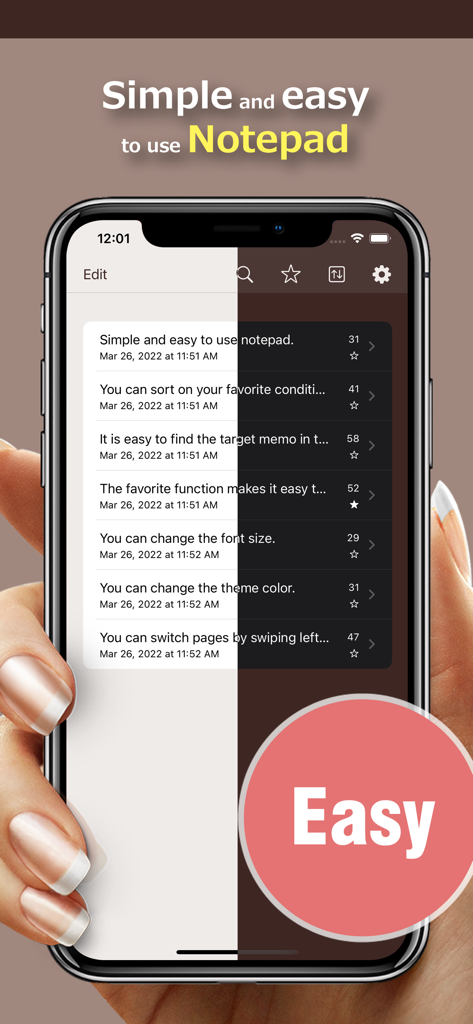 Memo Pad - Simple Note Pad - A smartphone displaying the Memo Pad app note list with a split screen design showing light and dark theme options.
