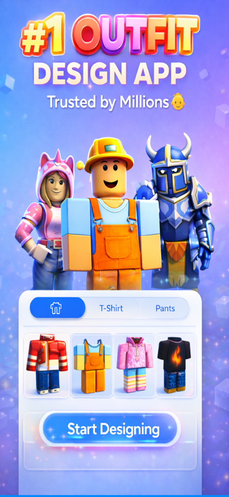 Tela inicial do aplicativo criador de roupas de pele Roblox mostrando roupas de avatar personalizadas e opções de design