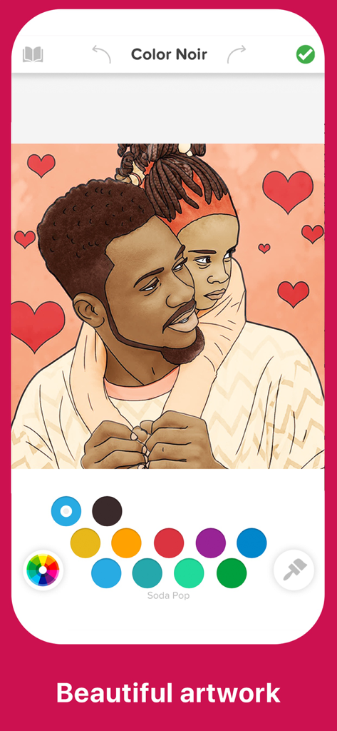 A coloring page in the Color Noir app featuring a Black father and daughter surrounded by red hearts