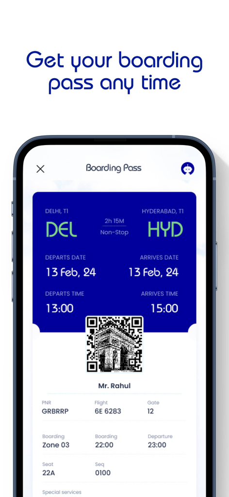 IndiGo: Flight Booking App - Digitale Bordkarte, angezeigt in der mobilen IndiGo App.