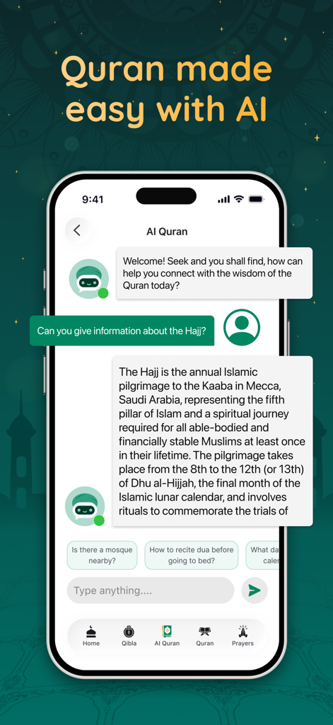 A mobile screen showing an AI assistant chat interface in the Quran Kareem app answering a question about the Hajj pilgrimage.