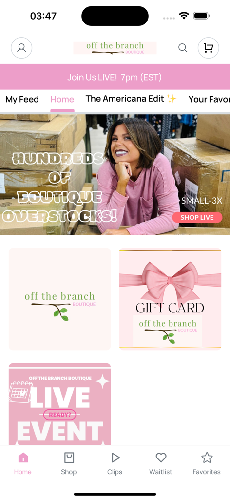 Off The Branch - The home screen of the Off The Branch Boutique app featuring boutique overstocks and a live shopping event announcement.