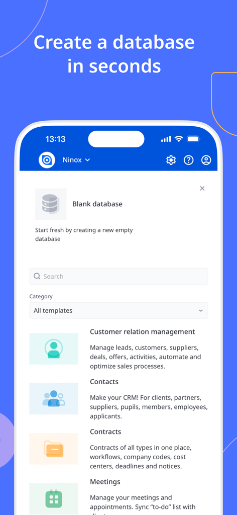 Mobiler Bildschirm der Ninox App, der Optionen zur Erstellung einer Datenbank aus Vorlagen wie CRM und Kontakte zeigt