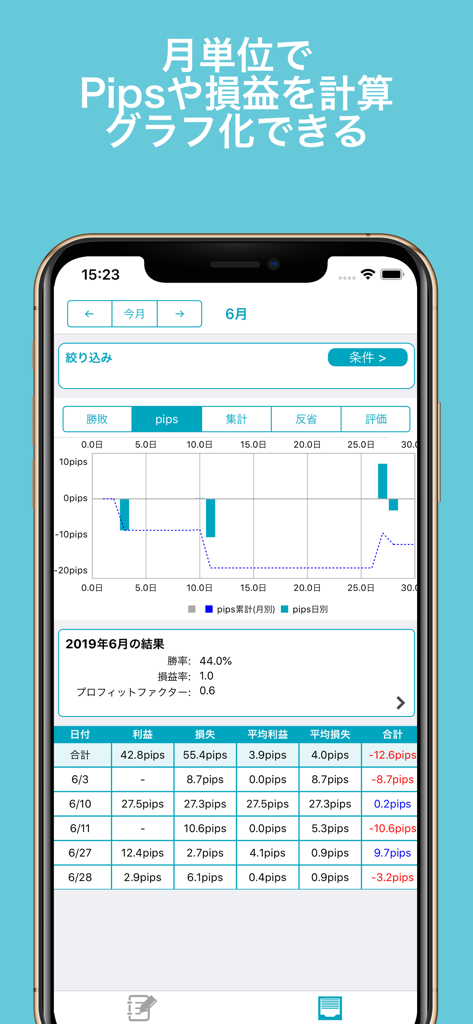 FXトレード記録 - Monthly trading analytics screen showing pips performance graph and data table