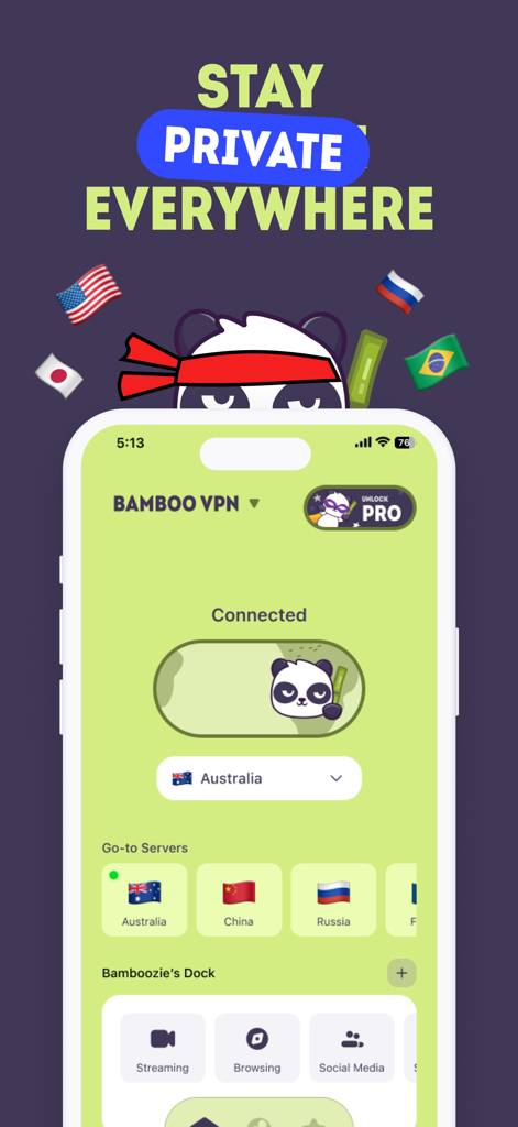 BambooVPN - Secure VPN Proxy - BambooVPN mobile app interface showing a panda mascot and global server selection