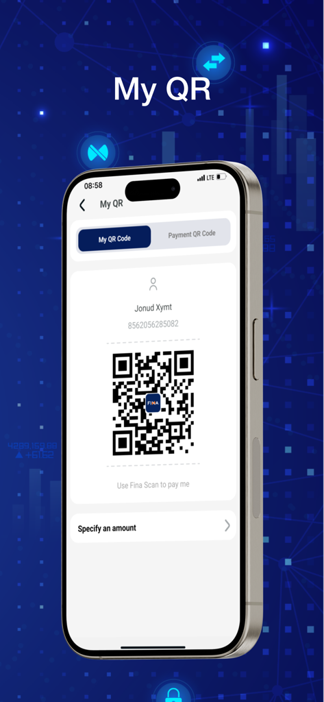 FINA App - FINA App interface showing a personalized QR code for receiving secure mobile payments.