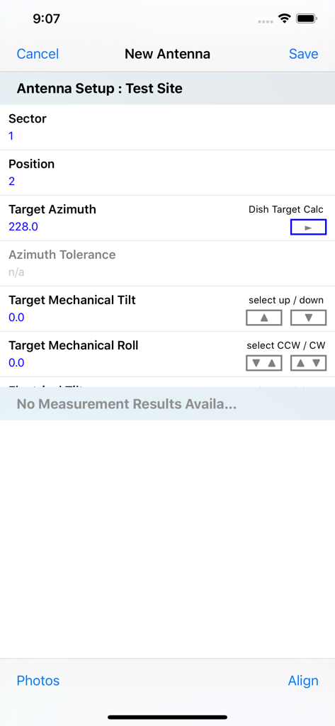 New antenna setup screen in the Smart Aligner app showing azimuth and tilt configuration settings