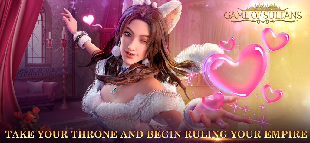 Game of Sultans - A female companion in a fur-lined outfit winking with pink hearts in Game of Sultans