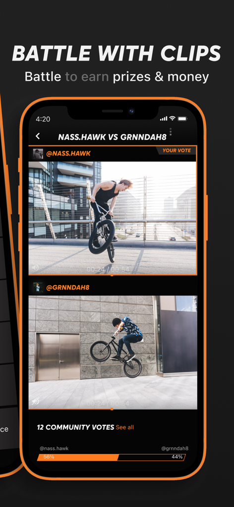 CityLegends: Skate BMX Parkour - Mobile app interface showing a 1v1 BMX video clip battle with community voting results.
