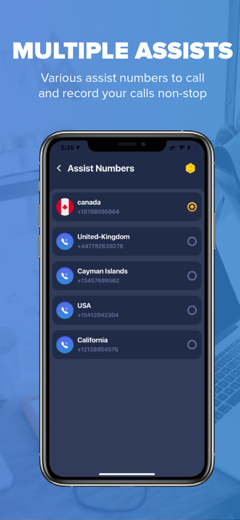 A screen displaying international assist numbers for starting call recordings in the RecordCall app