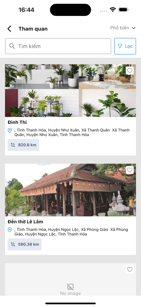 타인호아 관광 앱 내 지역 명소 및 랜드마크 목록, 이름, 거리, 역사 유적지 사진 표시