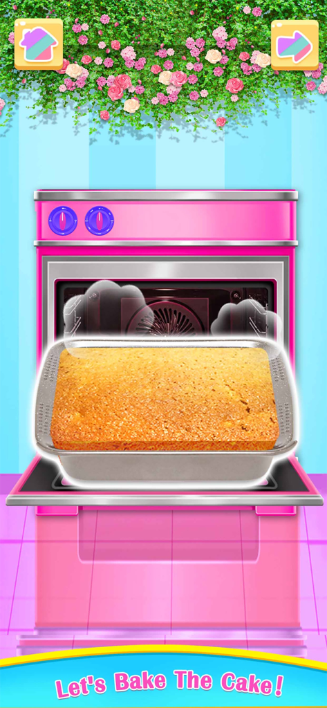 Cake Games: Cupcake Food Games - A golden cake baking in a pink oven within a mobile cooking simulation game