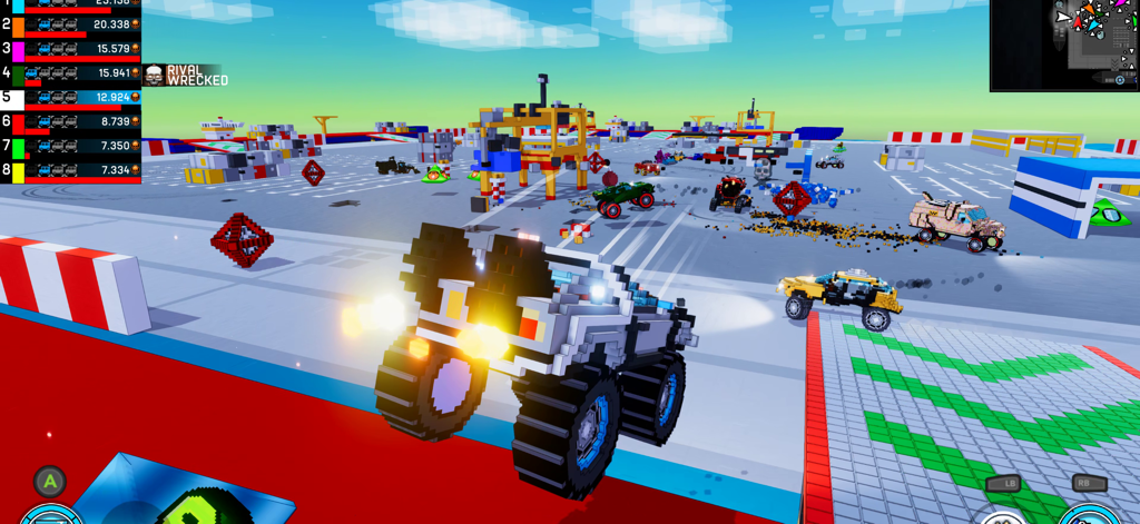 Carnage: Battle Arena - Third person view of a blocky car combat match in Carnage Battle Arena featuring voxel graphics and a multiplayer leaderboard