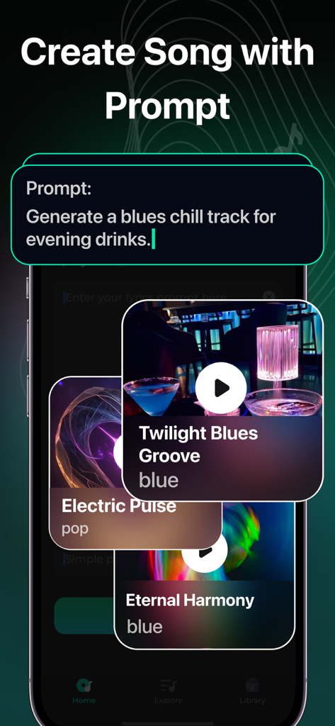 AI Song & Music Maker-SongLab - A mobile app interface showing a text prompt for creating a blues chill track with AI