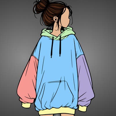 realistic girl with a oversized sweatshirt on and a bun