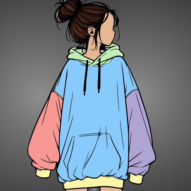 realistic girl with a oversized sweatshirt on and a bun