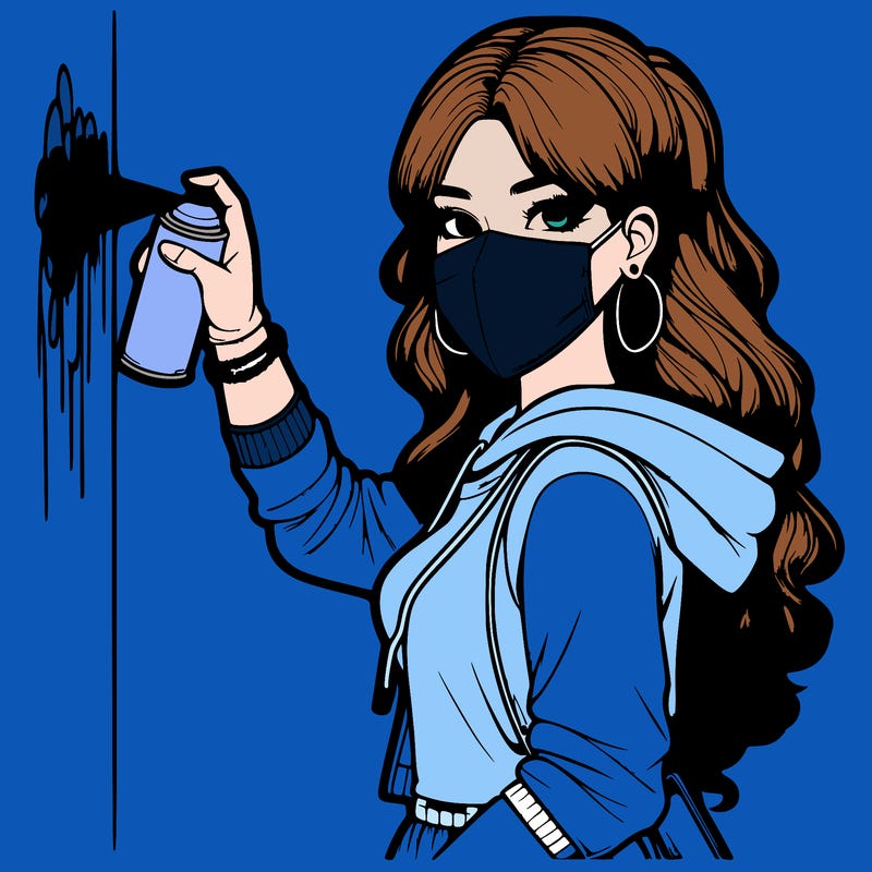 realistic girl with mask spray painting a wall