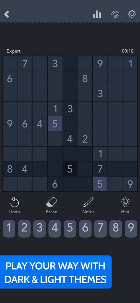 Sudoku mobile app interface featuring dark mode theme and expert level puzzle