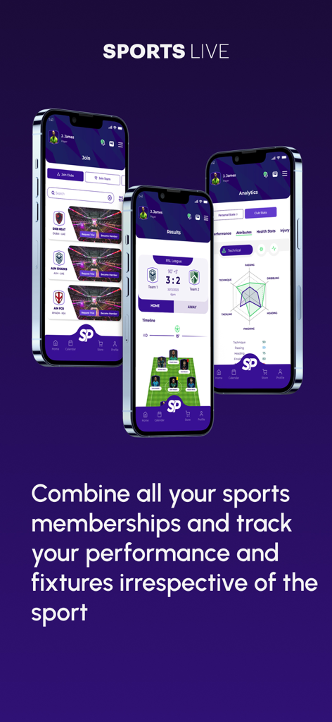 SportsPassport - Three smartphone screens displaying the SportsPassport app interfaces for club membership, game results, and player performance analytics