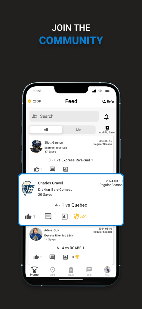 A mobile interface showing the Connect Hockey community feed where goalies share game stats like saves and scores
