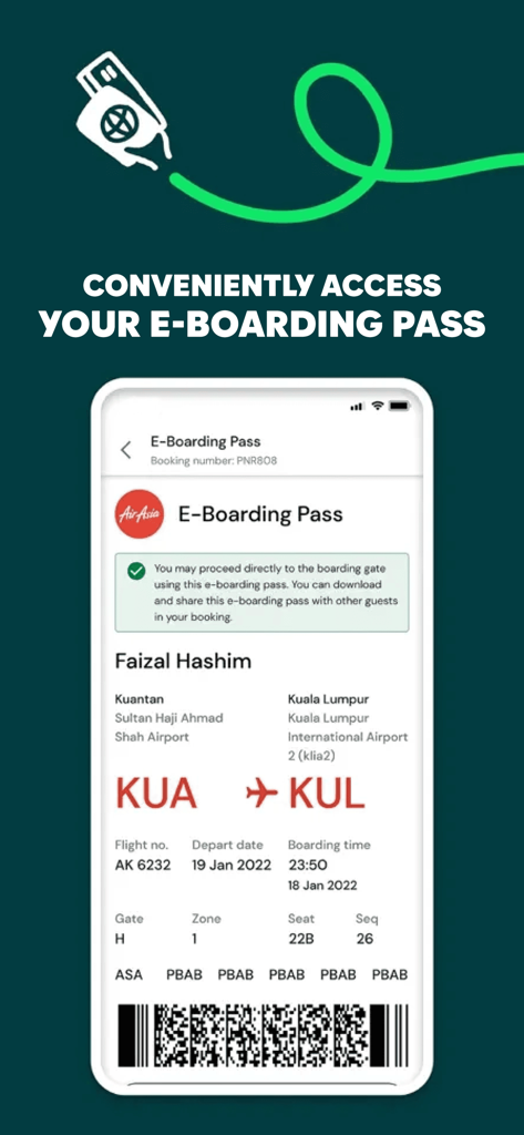 Carta d'imbarco digitale sull'app mobile AirAsia MOVE