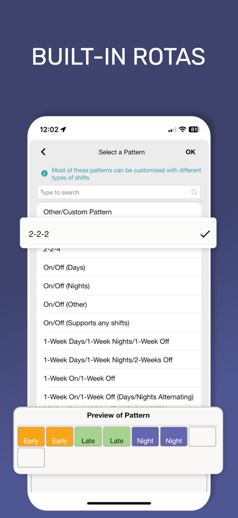My Shift Planner - Calendar - Interface of My Shift Planner app showing a list of built-in shift rotation patterns like two-two-two and week-on-week-off.
