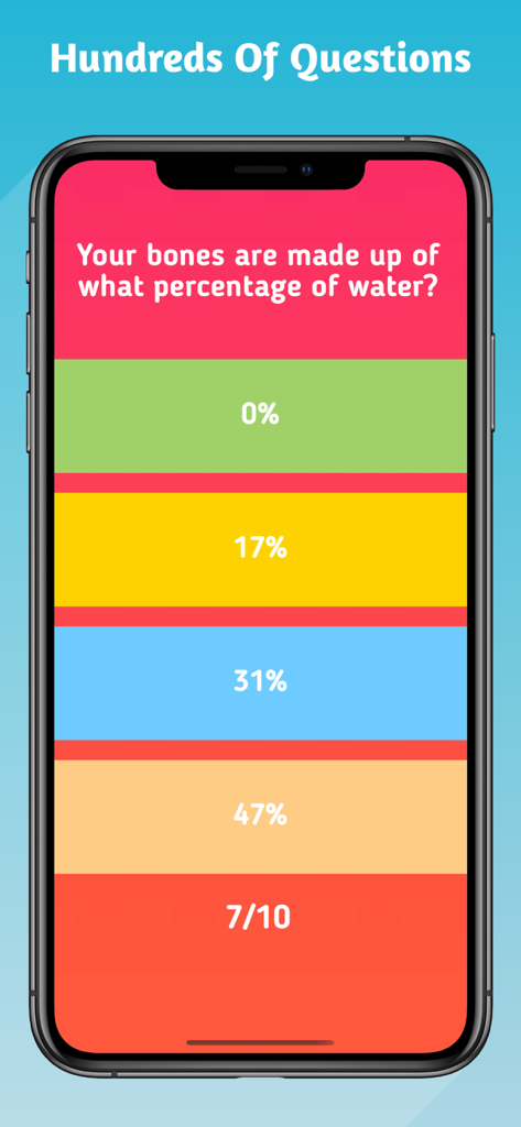 Anatomy and Physiology Quiz. - A mobile app screen showing a multiple choice anatomy quiz question about the water content of human bones