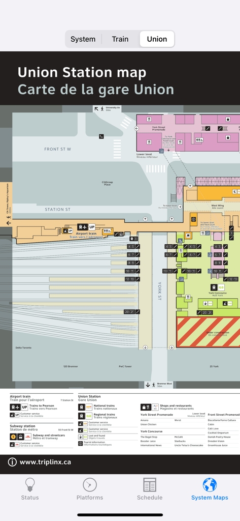 GOToronto: GO Transit Sidekick - A detailed map of Union Station in Toronto within the GOToronto mobile app showing platforms, street levels, and nearby landmarks.