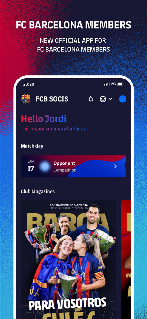 FC Barcelona Members - Pantalla de inicio de la app de Socios del FC Barcelona con un panel personalizado para socios y revistas del club.