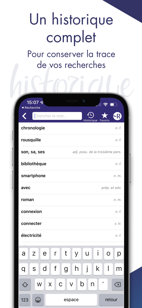 Dictionnaire Robert Historique - Search history screen of the Dictionnaire Robert Historique mobile app showing a list of recently searched French words.