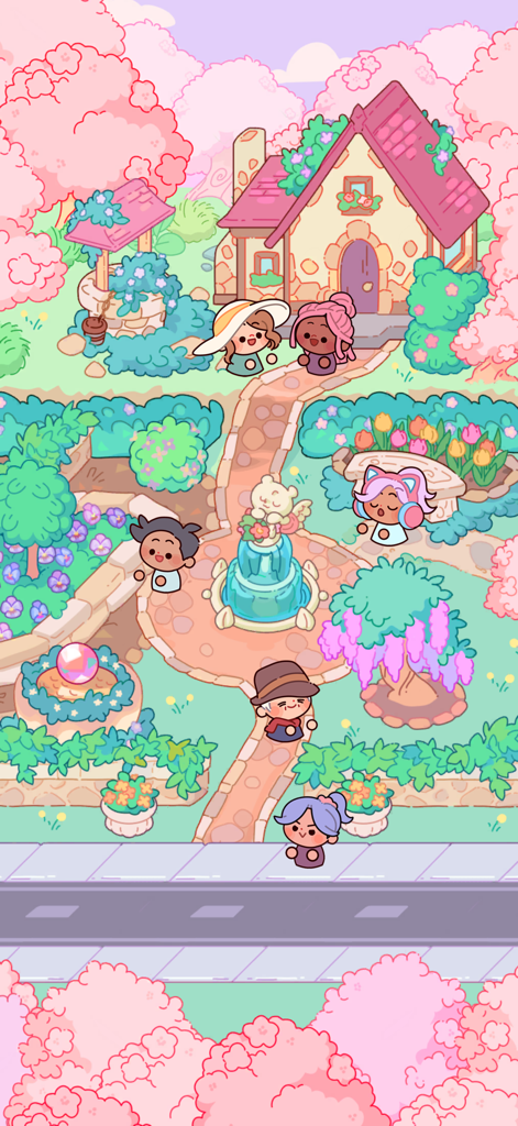 Adorable Garden - Una colorida escena de jardín pastel con personajes adorables, una pequeña cabaña, un camino de piedra y una fuente rodeada de árboles de flores rosadas.