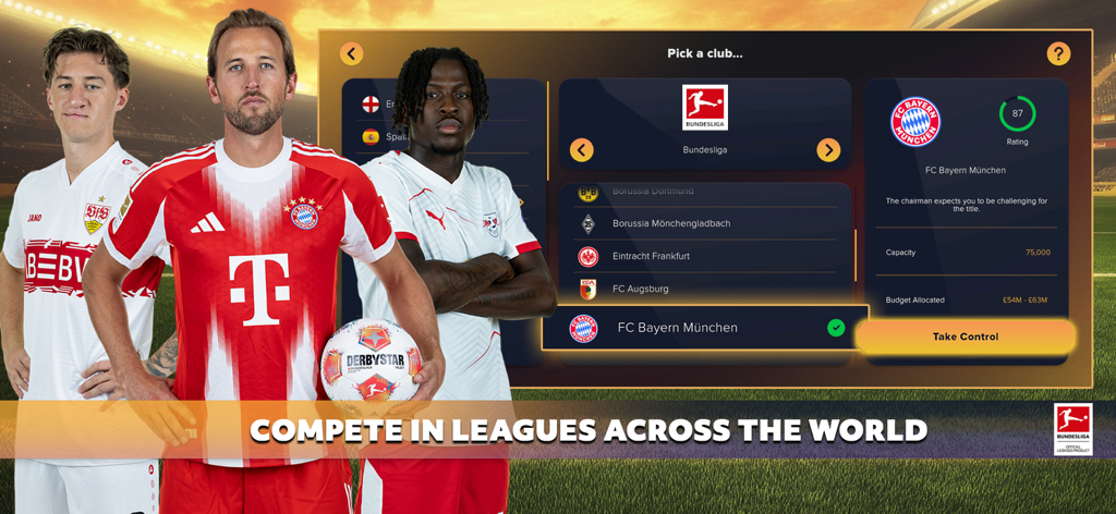 Soccer Manager 2026 - Football - Soccer Manager 2026 menu showing the club selection screen with FC Bayern Munchen details and professional players