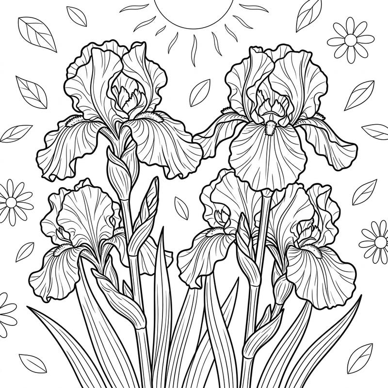 Celebrate the splendor of summer with this exquisite coloring page featuring majestic Tall Bearded Irises. This design beautifully combines intricate floral details with a sunny seasonal backdrop, perfect for relaxing and unleashing your creativity.