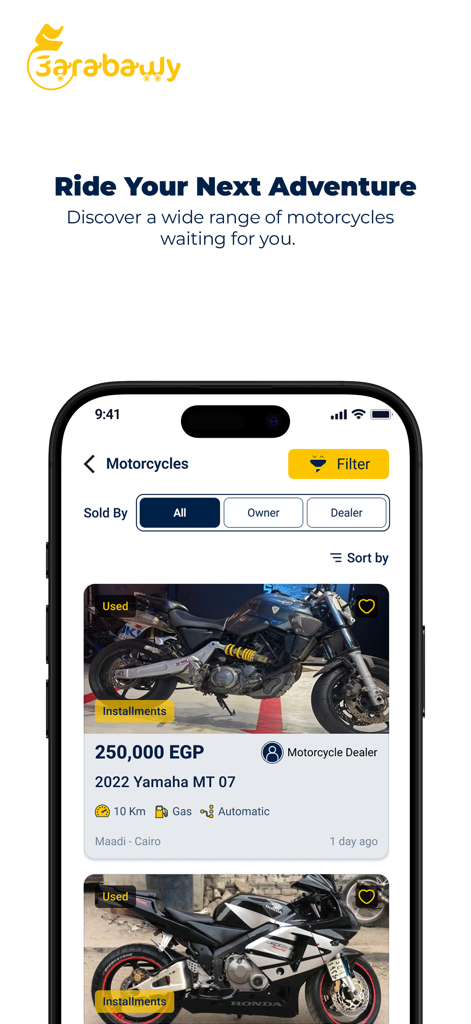 3arabawy: Buy & Sell Cars - エジプトで販売されている中古バイクのリストを表示する3arabawyモバイルアプリのインターフェース